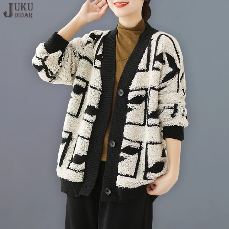 

Korean Style New Autumn Winter Woman Loose Fit Mohair Cardigan Sweater Single Breasted Casual Fleece Large White Sweater JJSWT17