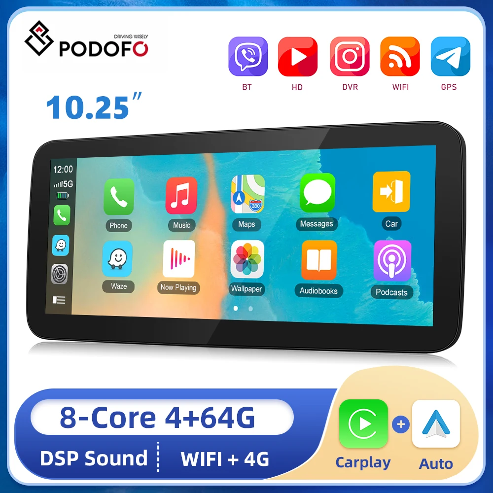 

Podofo Android 13 10.25''Car Stereo Radio For Audi Q5 series 2009-2017 8Core 4+64G Carplay 4G WIFI GPS FM Radio Receiver DSP