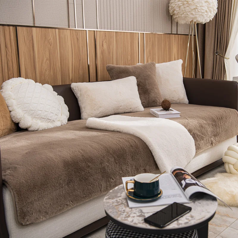 

Однотонный зимний теплый чехол для дивана в гостиную, мягкое плюшевое нескользящее покрывало для дивана в виде кролика, коврик для подушки, ...