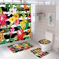 watercolor tropical flower leaves shower curtain set black white stripe bathroom curtains non slip bath mat rug lid toilet cover