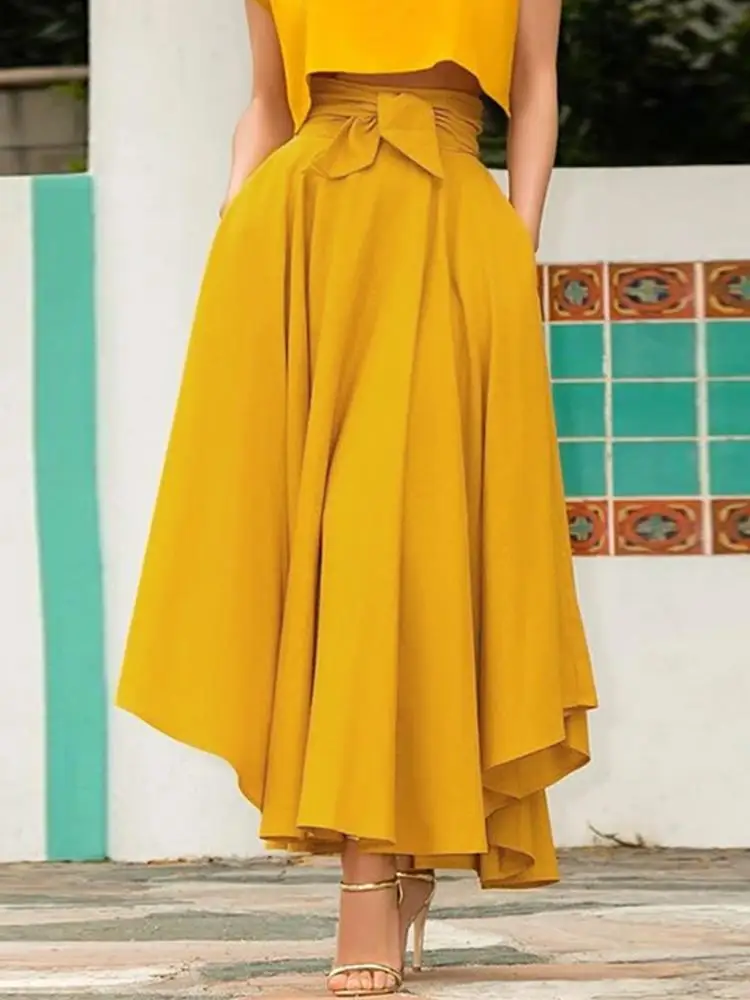 

2023 ZANZEA Women Summer Skirts Elegant Solid A-line Skirts Bohemian Beach Skirt Jupe Female Bow Tie Maxi Long Skirt Faldas Saia