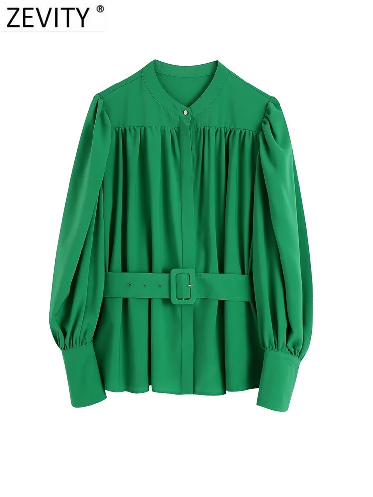 

Zevity Women Fashion O Neck Pleats Puff Sleeve Buckle Belt Green Smock Blouse Lady Buttons Shirts Roupas Chic Blusas Tops LS2248