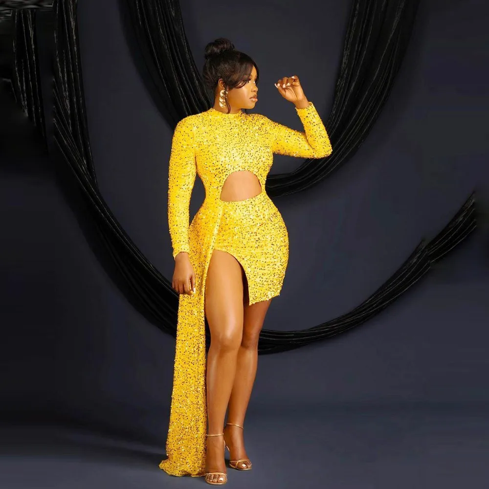

Sequined Yellow Mini Cocktail Dresses With Long Sleeves Side Split Aso Ebi Black Girls Party Dress Sexy Short Prom Gowns