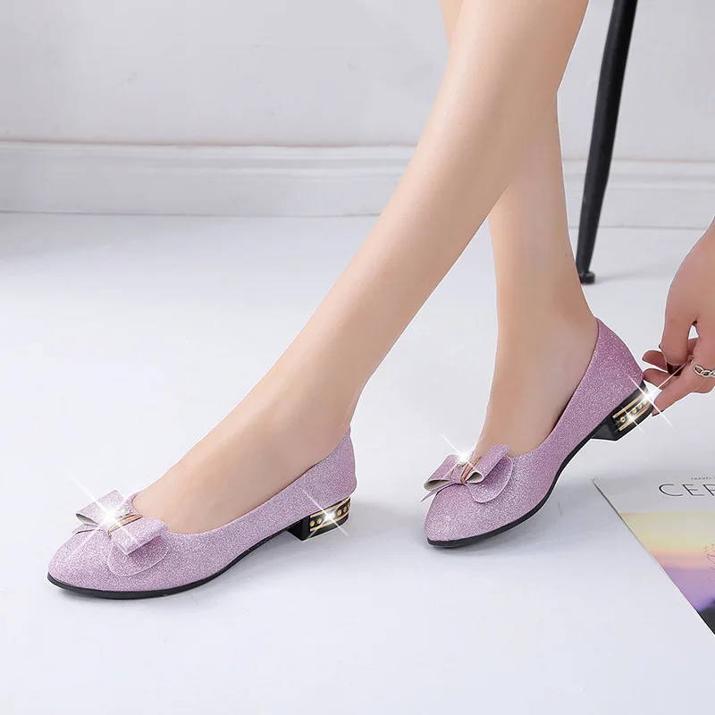 Office Loafer Shoes for Women 2022 Spring Sweet Bow Ladies Shoes Casual Sequined Cloth Woman Flats Low-heeled Women Work Shoes