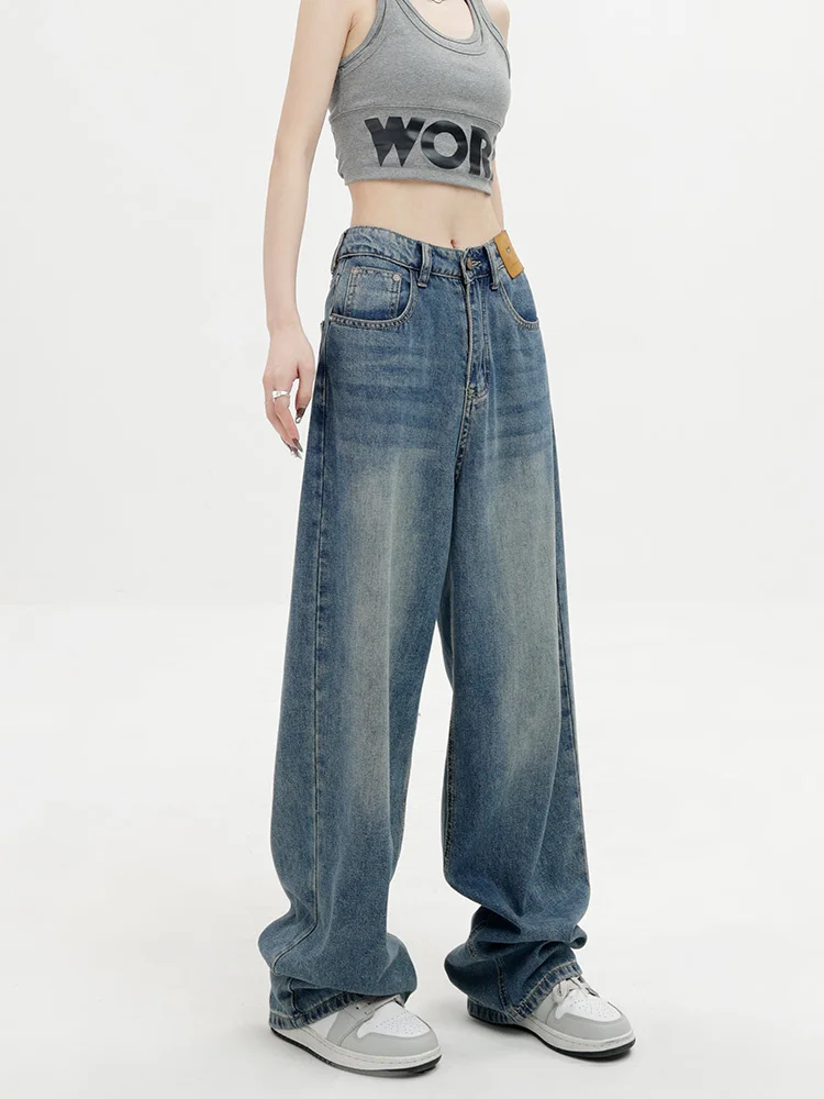 

Винтажные прямые синие джинсы в уличном стиле с высокой талией, женские брюки в стиле Харадзюку с широкими штанинами, мешковатые джинсовые брюки Y2K, женская одежда