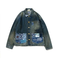 japanese retro hand embroidered blue dyed printed cloth patchwork denim jacket mens and womens coat single breasted loose