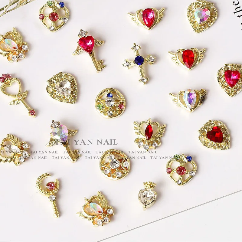 

10pcs Sparkle Gold Alloy Zircon Nail Art Rhinestone Decoration New Heart Cross Nail Parts DIY Luxury Nail Charms Glitter Diamond
