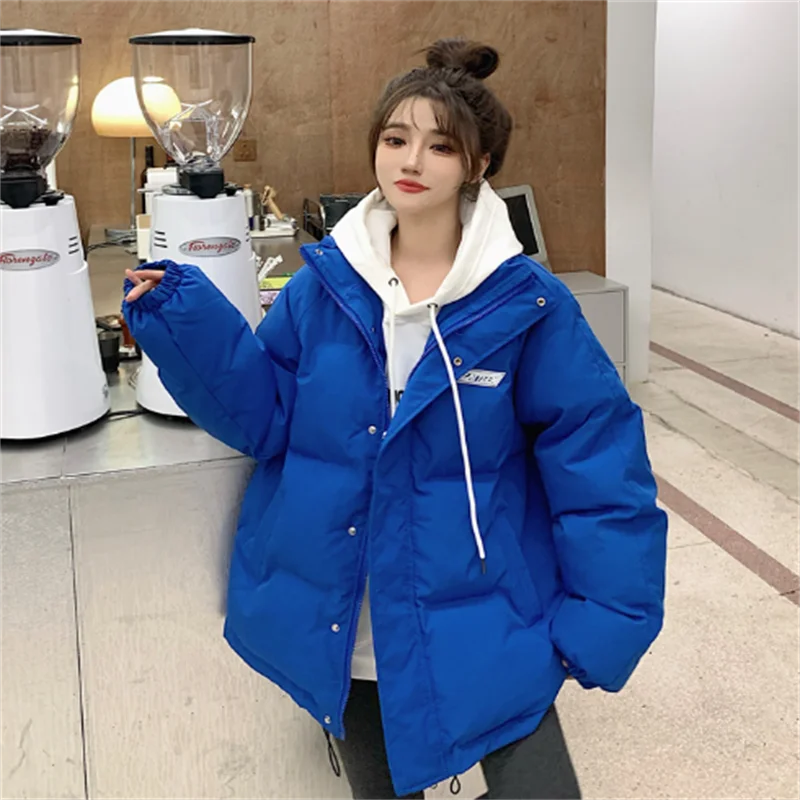 2022 New Blue Ladies Down Jacket Coat Cotton-padded Coat Loose Thick and Warm Short Super-large women's down cotton padded coat