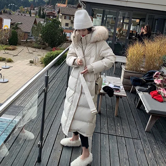 Winter New Down Jacket Women In Long Models Knee-high Thick Fox Fur Collar Cotton Jacket White Duck Down Waist Warm Jacket