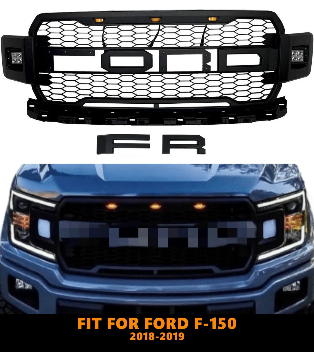 

ABS Black Middle Grille Racing Grills Front Bumper Grill With Amber Lights For Ford F-150 2018 2019