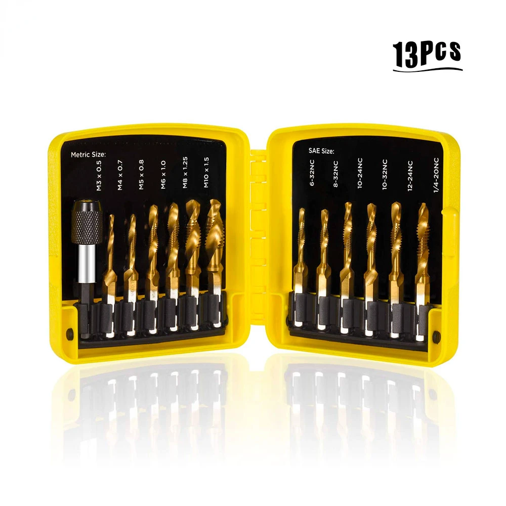 Krachtige 13 PCS Tap Drill Bit Set with Quick Change Adapter SAE/Metric Titanium Coated Screw Tapping Bit Tools