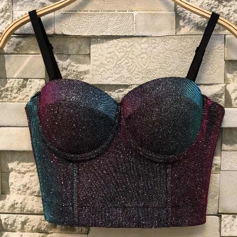 

Shinny Bling Bling Corset Top Push Up Bustiers Sexy Bra Camis Overbust with Pad Women Crop Tops Goth Steampunk Mujer Debardeur