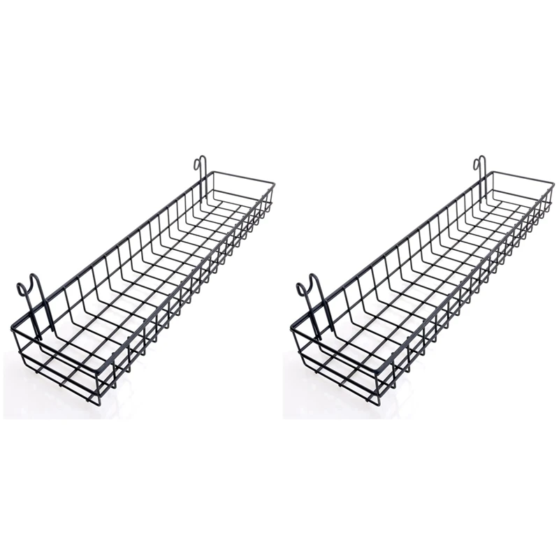 

2X Hanging Basket For Wire Wall Grid Panel, Multi-Function Wall Storage And Display Basket, 40X10X5CM, Black Painted