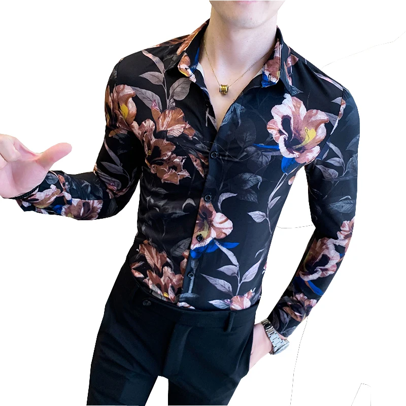 2022 Spring Vintage Men's Shirts Floral Print Slim Long Sleeve Casual Shirt Social Party Tuxedo Shirt Streetwear Male Clothing