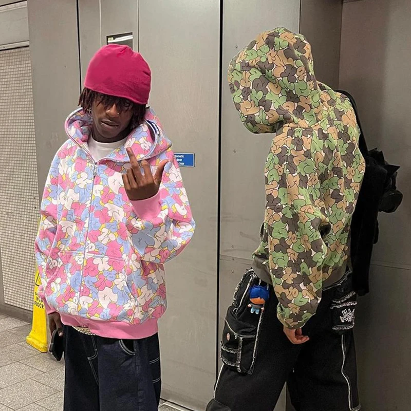 

Y2k Hip Hop Men Hoodies Streetwear Print Pattern Long Sleeve Full Zipper Sweatshirts Retro Oversized Coats Women Jackets Clothes