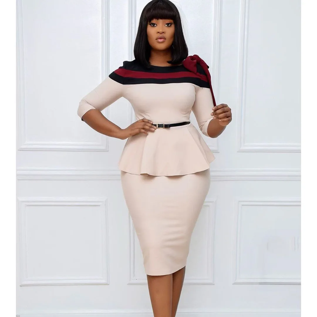 

Women Bodycon Dress Office Lady Work O-neck Ruffle Short Sleeve Patchwork Vestiods Elegant High Waist Polyester Pencil Dresses