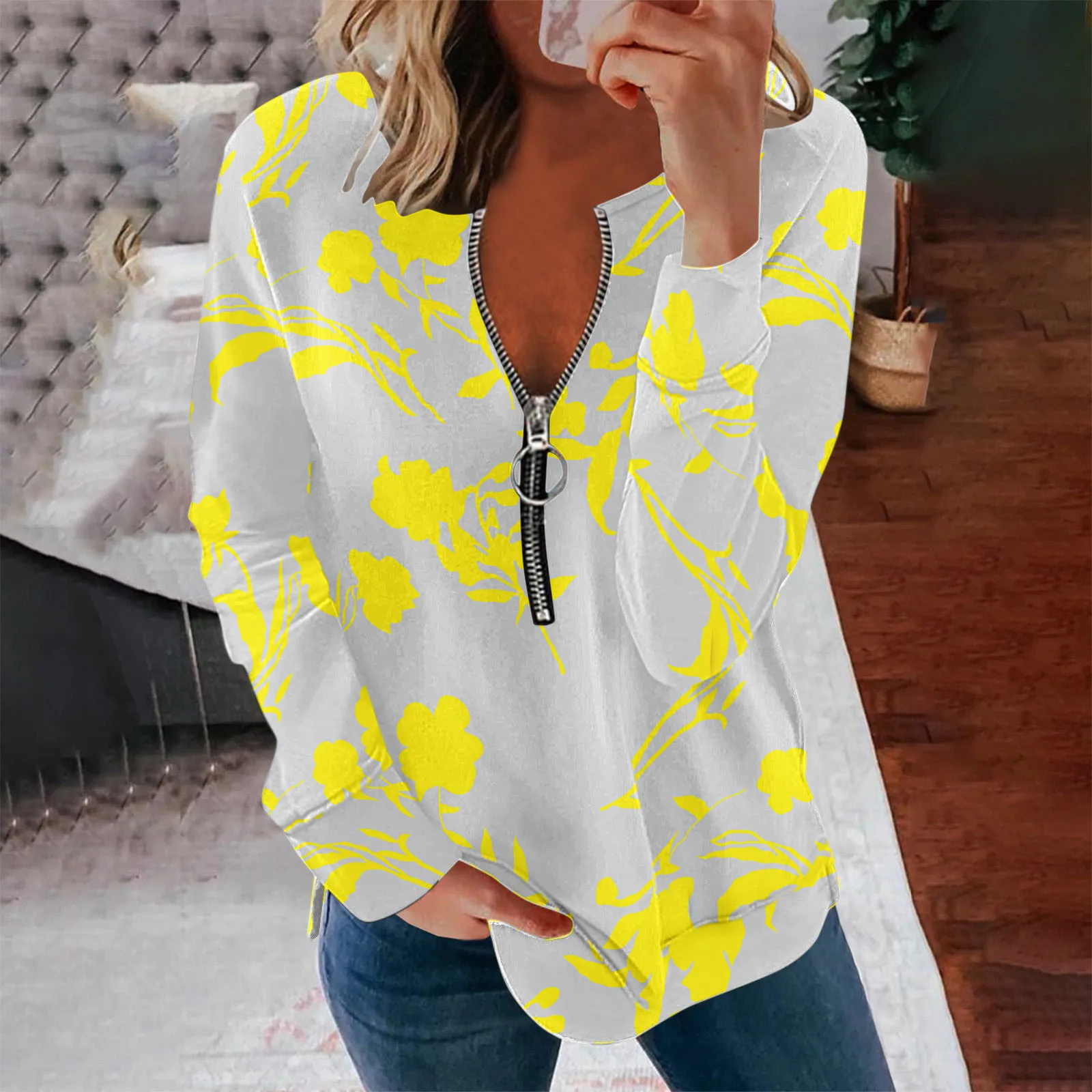 

Женская утепленвечерние ЗКА с цветочным принтом, на молнии, с длинным рукавом