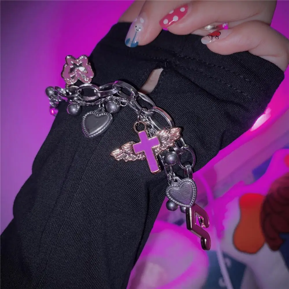 

Double Layer Titanium Steel Chains Bracelets for Women Harajuku Y2K Purple Musical Symbols Butterfly Heart Bangles Egirl Jewelry