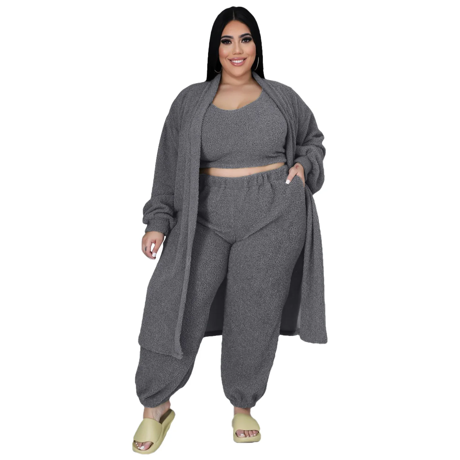 Plus Size Women Clothing 3 Pieces Sets Crop Top Vest and Long Sleeve Coat Pants Set Sexy Outfits Tracksuit Wh 3xl 4xl 5xl 6xl