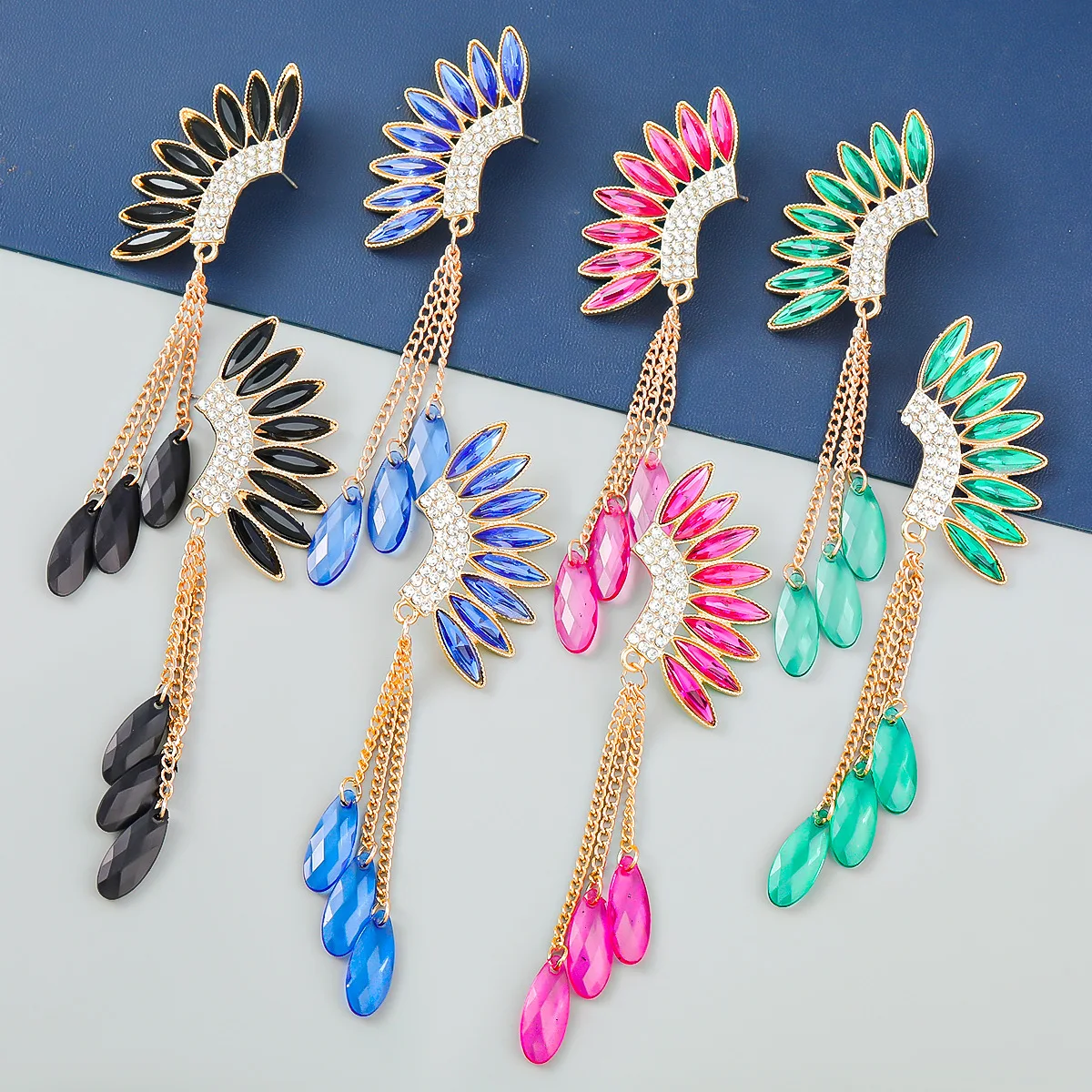 

4 Colors Big Angel Wings Statement Gold Drop Tassel Earrings for Women Bridal Blue Fuchsia Crystals Fashion Wedding Long Earring