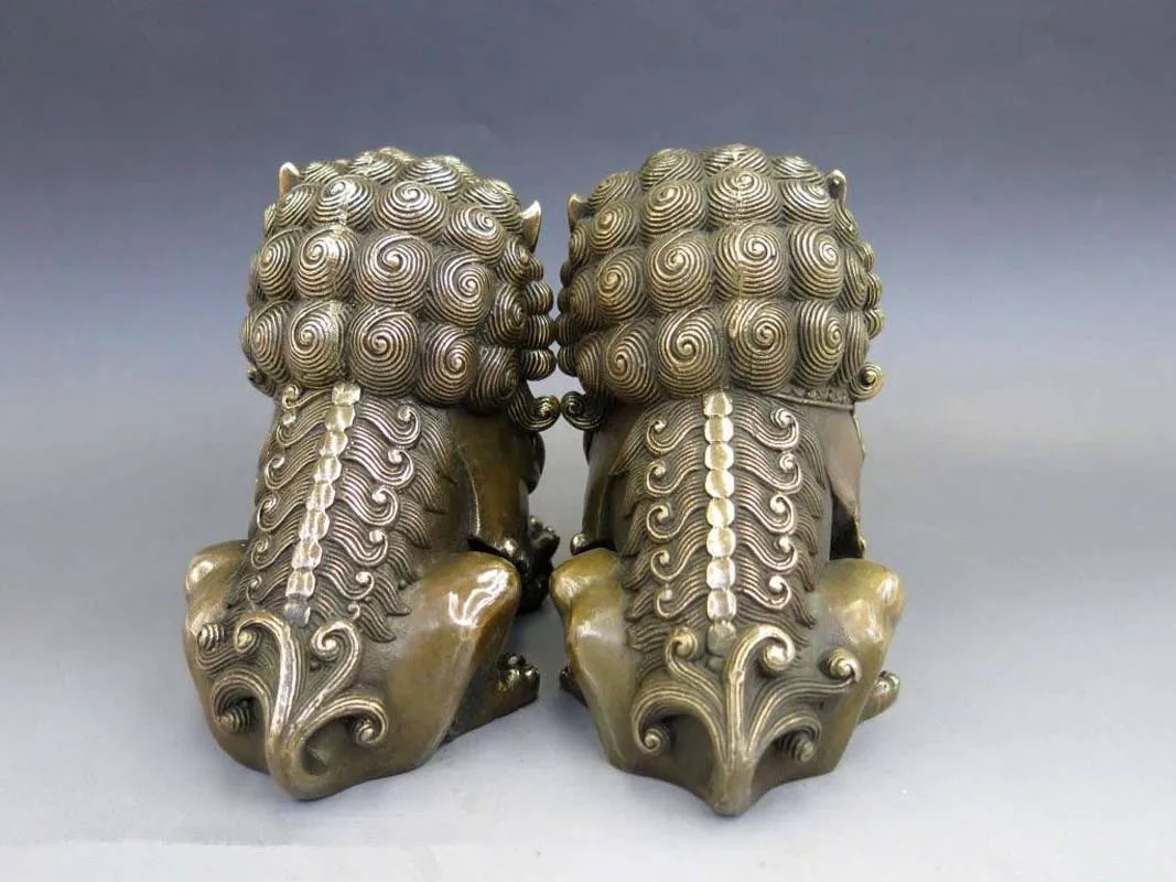 Китайская антикварная бронза Feng Shui Fu Foo Dog Статуя льва Дверной бог пара львов