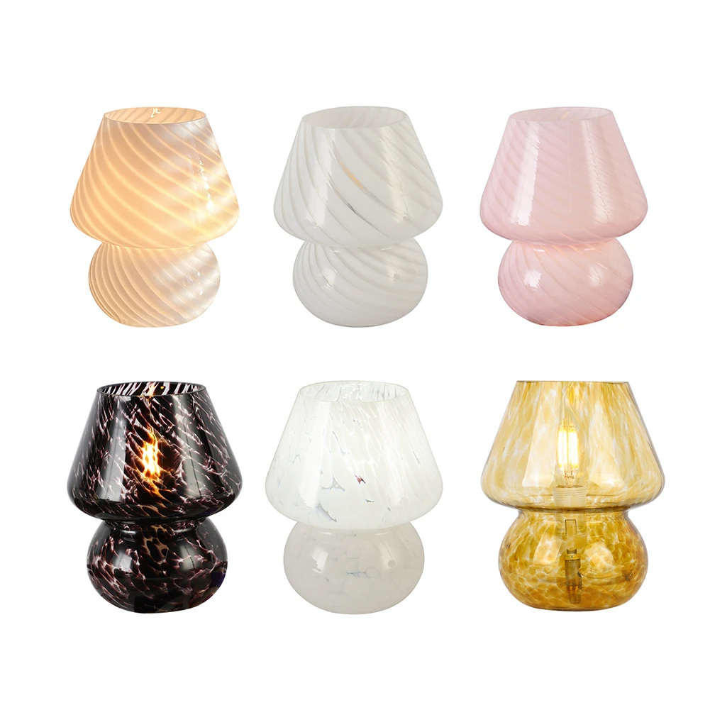 

Vintage LED Night Light Striped Glass Mushroom Table Lamp 3 Light Dimmable for Bedroom Bedside Table Gifts Holiday Bar Decor