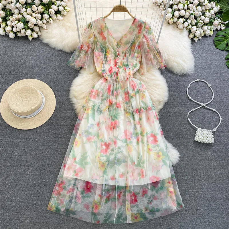 

Summer Women Flower Printed Mesh Dress High Waist V-neck Short Sleeve Single-breasted Decoration Sweet Ladies Dresses Vestidos