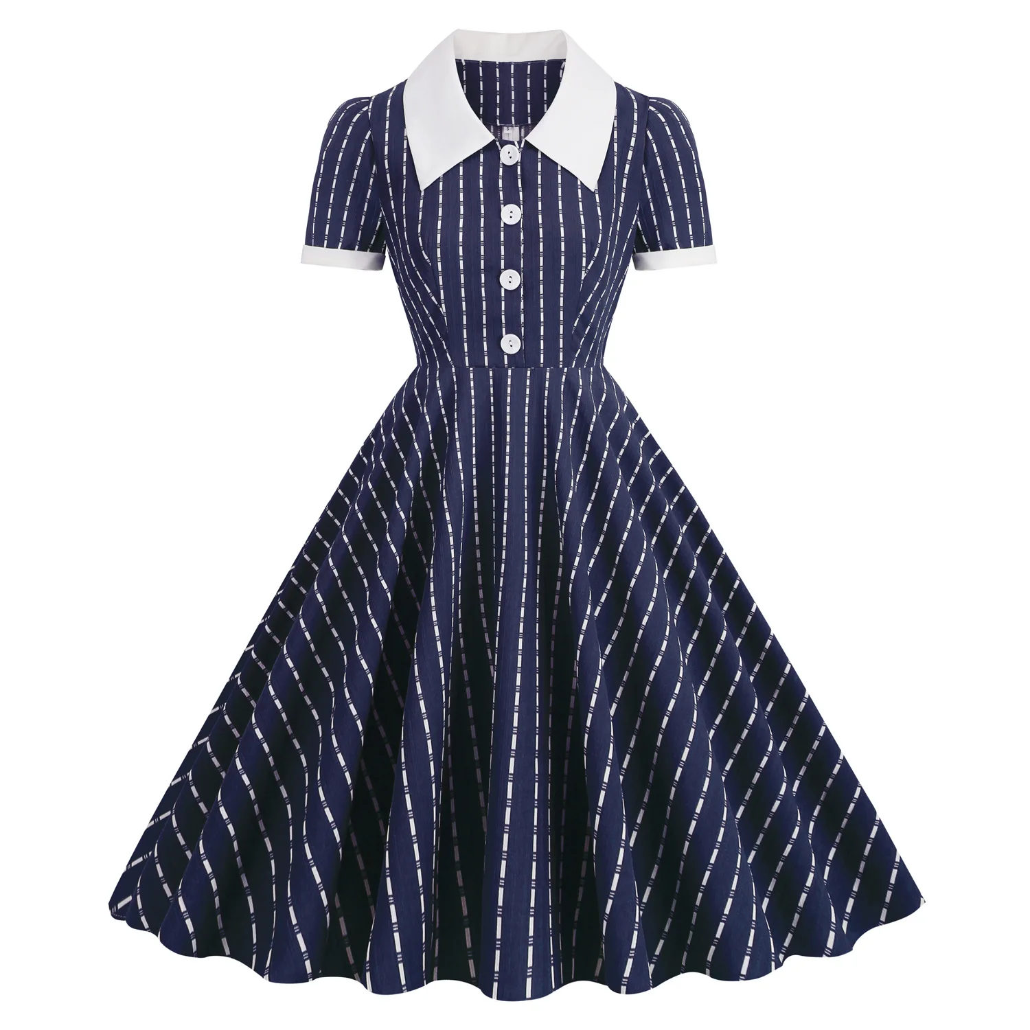 Vintage Dresses Women 2023 Summer Retro 50s/60s Swing Office Dress Ladies Vestidos Navy Striped Contrasting Collar Dress платье