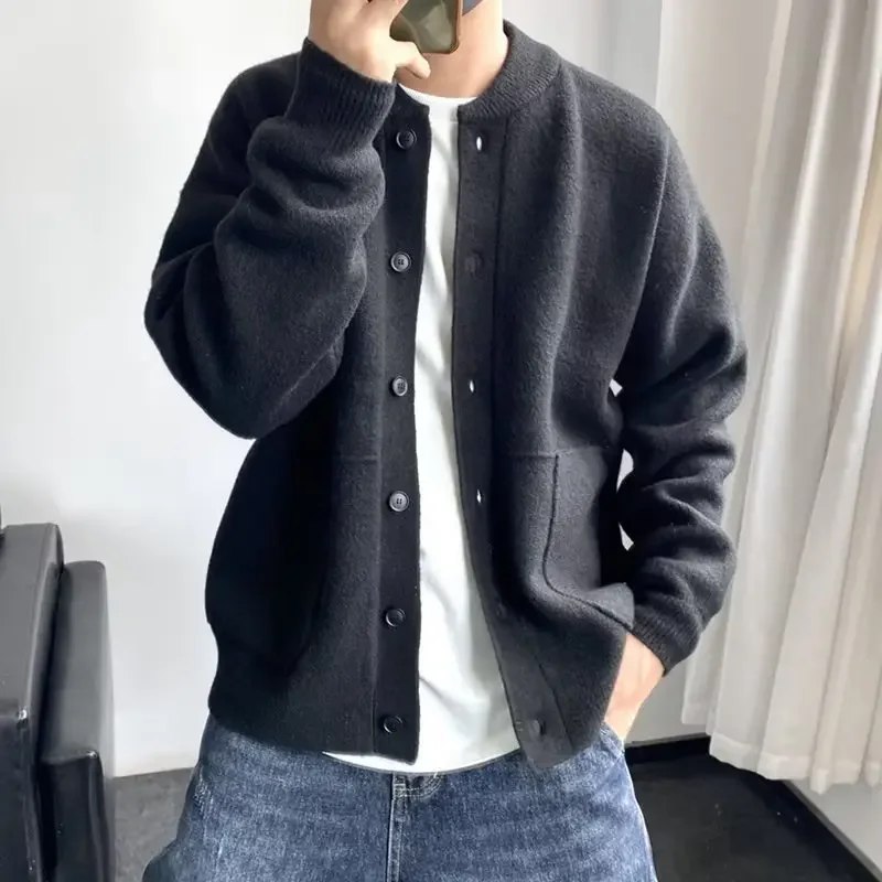 Men's Winter Loose-Fit Round Neck Knitted Sweater Casual Vintage Style Cardigan Pullovers Chic Brands Wool Top