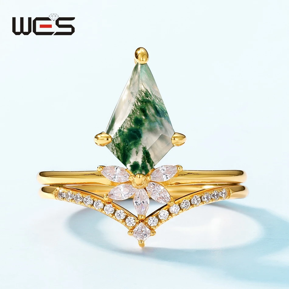 WES стерлингового серебра 925 пробы натуральный мох агат набор колец для женщин 7*12