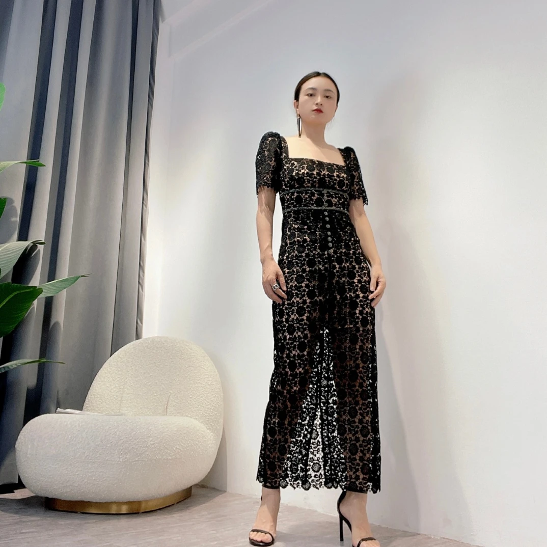 

Women 2022 Summer New Sexy Solid See Through Hollow Out Designer Slim Dress