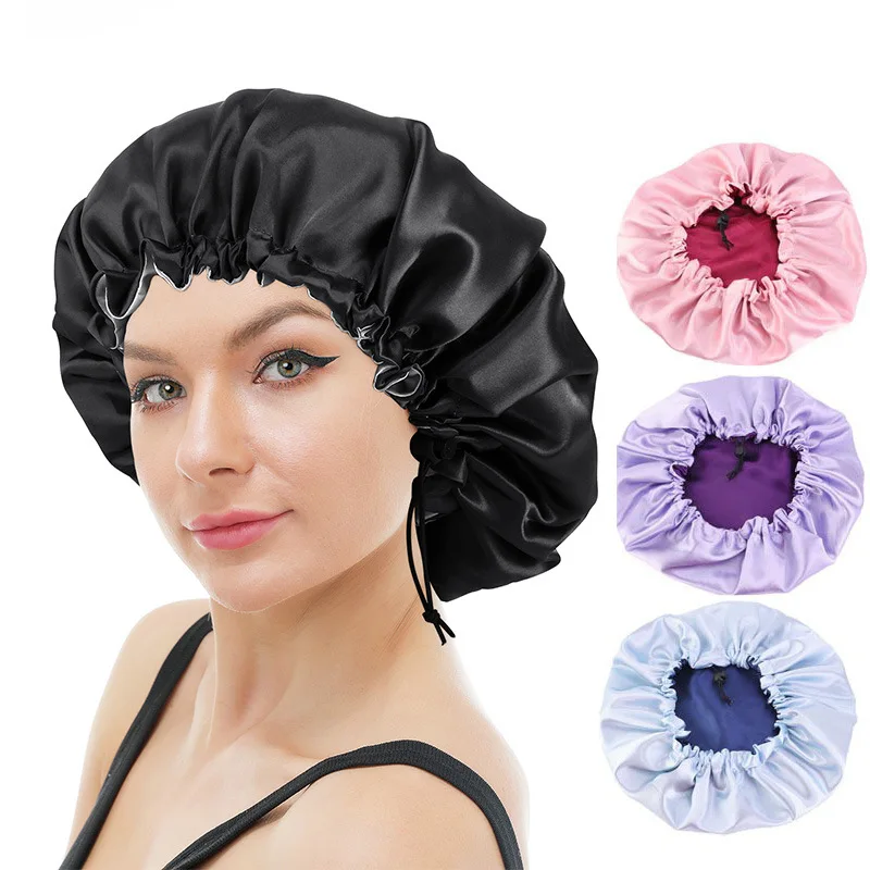 

New Women Satin Bonnet Double Layer Sleep Night Cap Silky Turban Adjust Cover Hat For Curly Springy Hair Styling Accessories