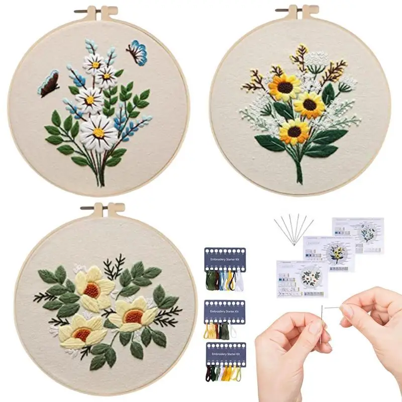 

Embroidery Starters Kit Stamped Cross Stitchs Kits With Cute Flowers And Plants Patterns With Embroidery Hoops And Color Threads