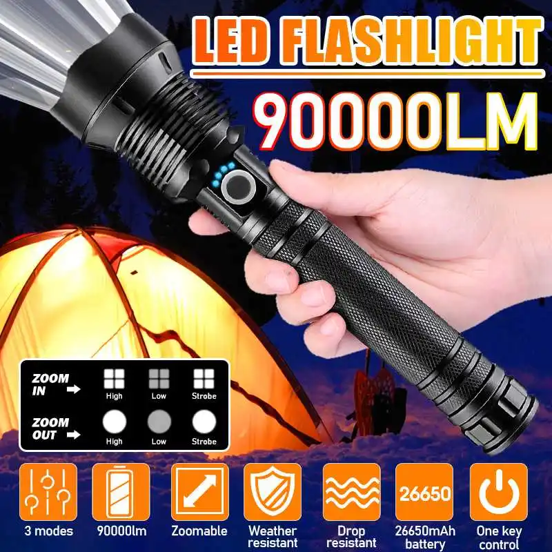 

LED Flashlight Long Range XHP 70 IPX5 LED Spotlight Rechargeable Light Torch Outdoor Work Lantern With 26650 Battery