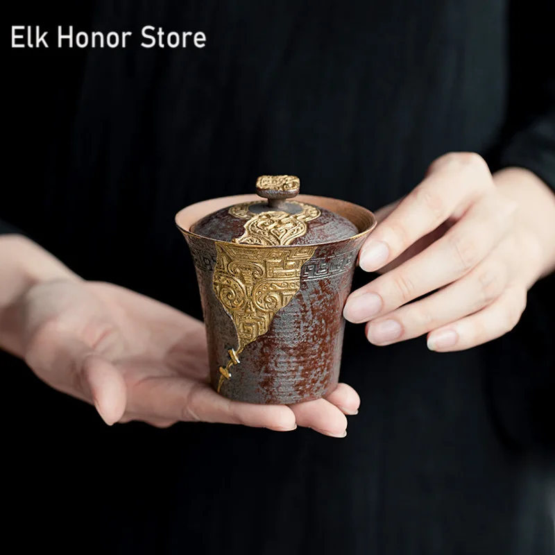 145 мл японская Старая каменная грязь Gaiwan ручной работы тисненый Taotie красное