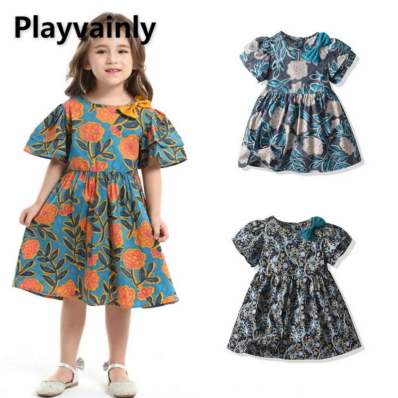 

2022 New Summer Girl Dress Short Puff Sleeves Print Round Collar High Waist Blue Black Brown Princess Dress Kids Clothes E347