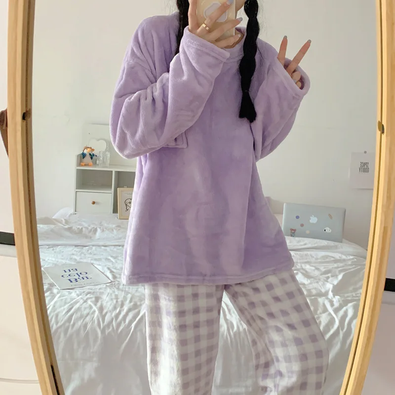 Free Shipping Winter Fashion Women's Casual Lovely Solid Warm Soft Sleepwear Nightgow Loose Pajamas With Pants Flannel Pullover