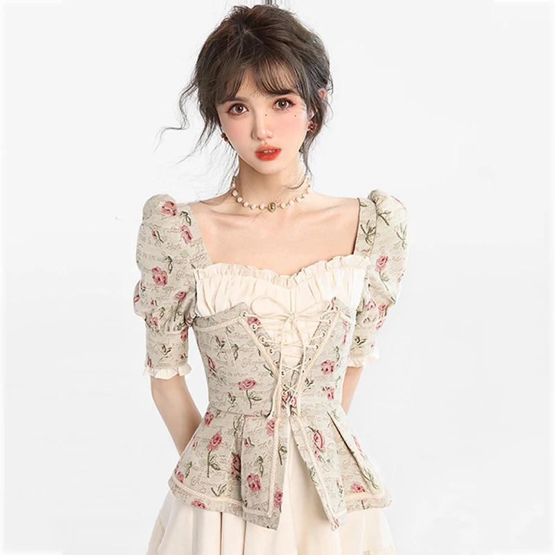 

Vintage Women's Floral Dress y2k Lolita Slim Casual Elegant Court Aesthetic New Summer Mini Dresses Short Sleeve Sweet Korean