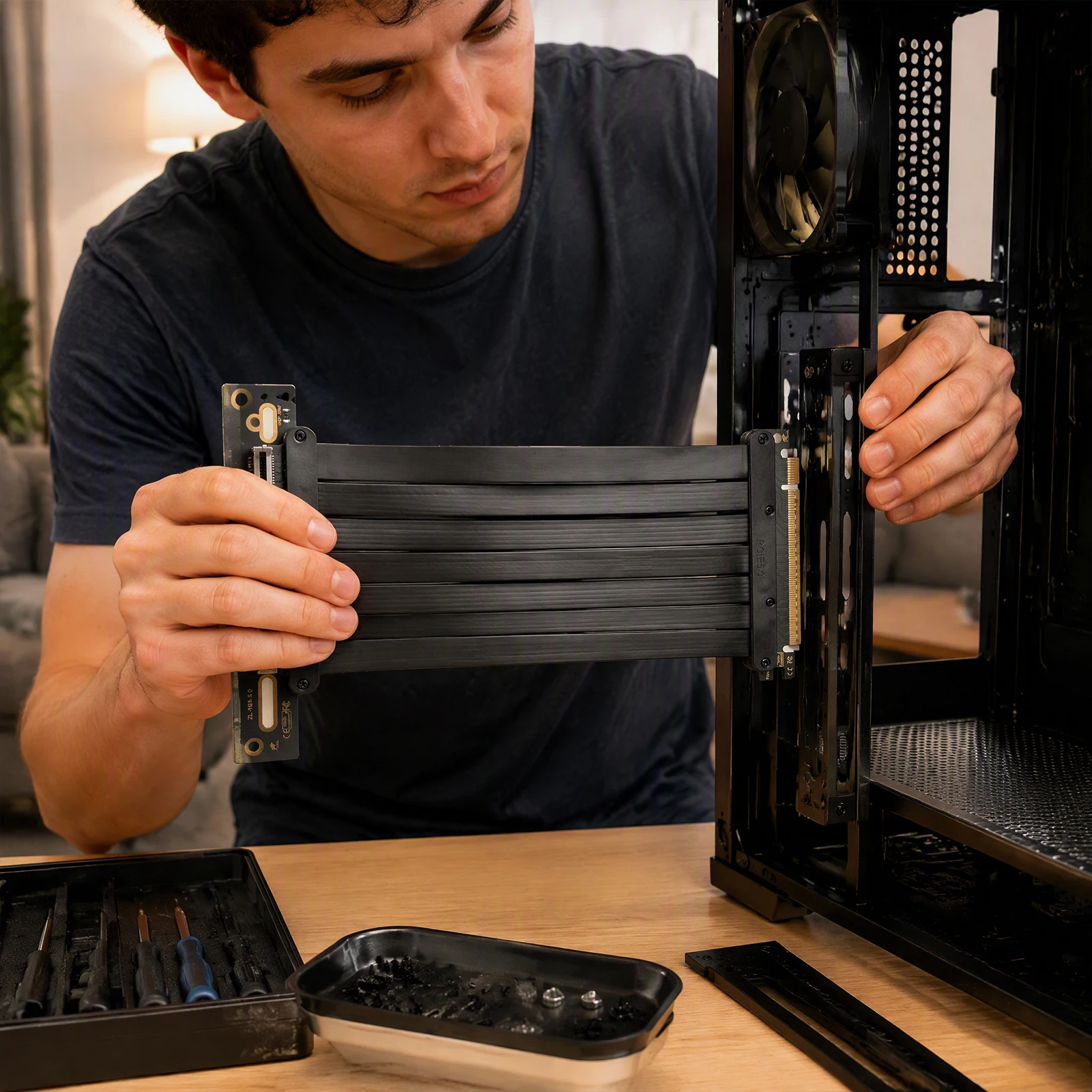 Фото Кабель-райзер для графического процессора PCIe 5.0 X16, 90 градусов, 20 см, плоский гибкий, 32 ГТ/с, с позолоченными контактами и 15-мм винтовым креплением. №4