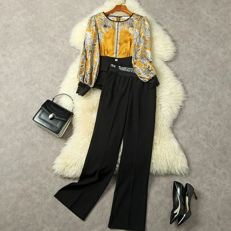 

Women's Pant Suits Autumn 2022 New Vintage Printed Round Neck Lantern Sleeves Top + Elastic High Waist Wide Leg Trousers Set