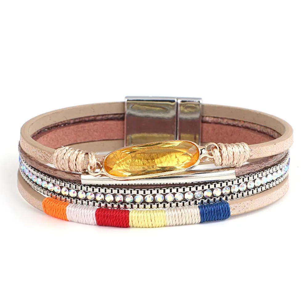 

Amorcome Fashion Jewelry Multilayer PU Leather Crystal Charm Women Bracelet Bohemian Colorful Wrap Bracelets with Magnetic Clasp