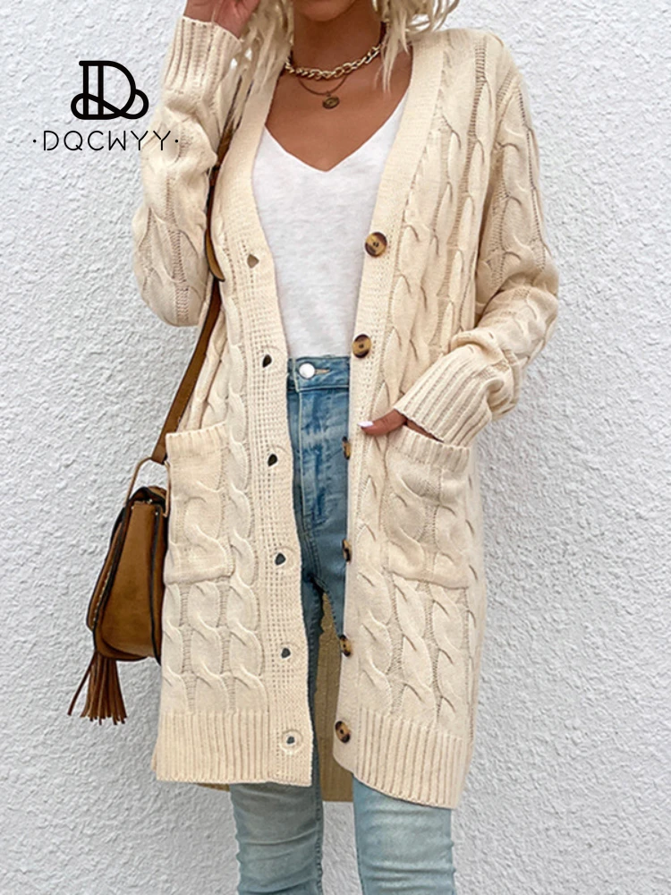 

Cardigan for Women Knitwears Autumn Winter V-Neck 8 Colour Hemp Flowers Women's Sweater Long Style Oversize Coat Cardigans