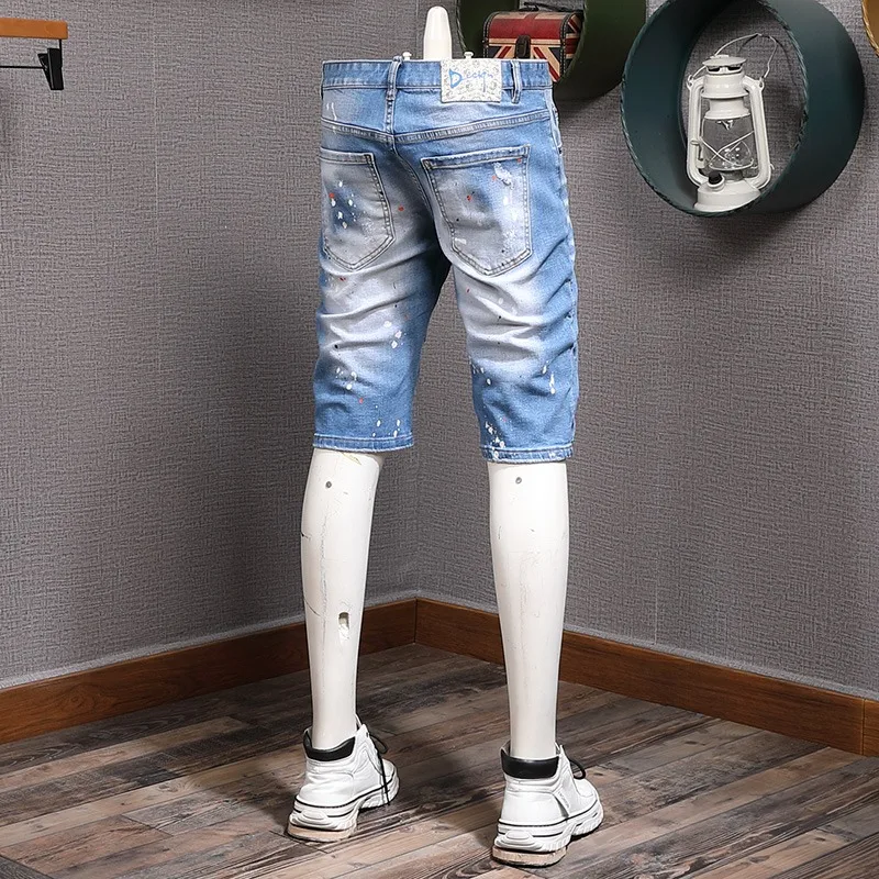 Denim Shorts Men Fashion Dots Printed Ripped Short Jeans Summer Streetwear Casual Light Blue Stretch Straight Slim Fit Pants