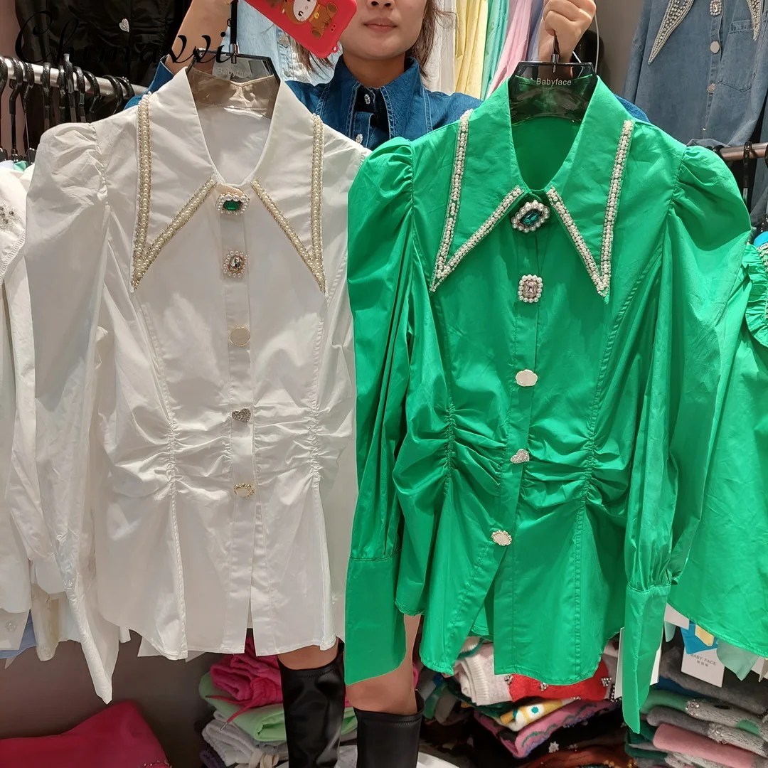 Camisa Coreana de lujo con cuello de diamantes de imitación, vestido de vendaje de moda, Blusa de manga larga de Color sólido, botones y gemas, novedad de Primavera de 2022