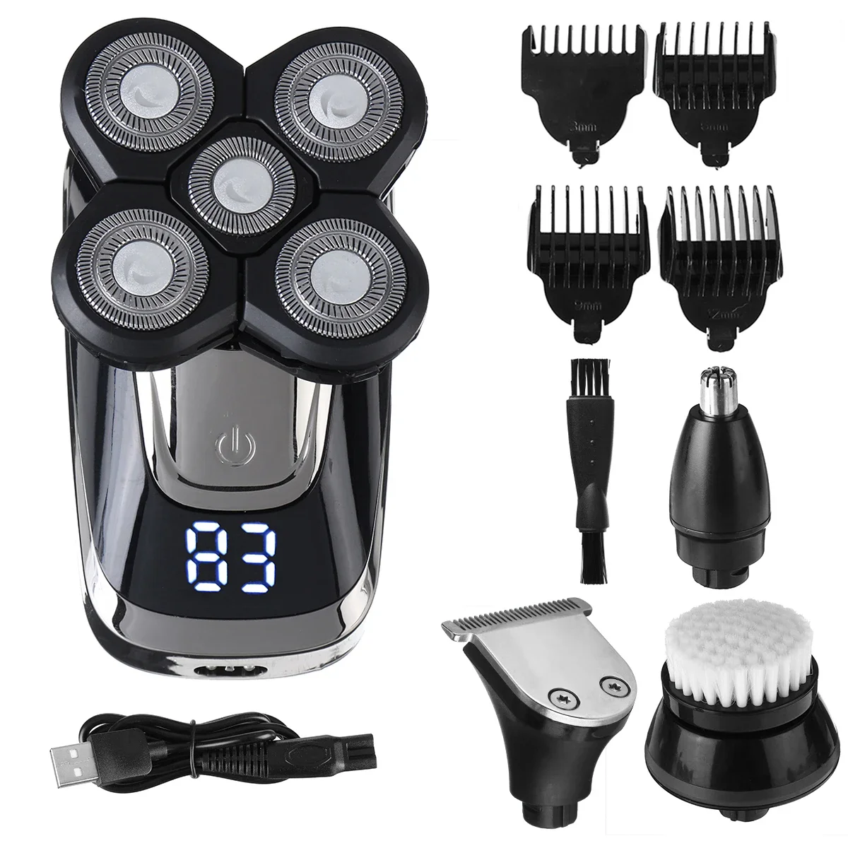 

5 in 1 4D Electric Men Bald Head Shaver Beard Razor Electric Rotary Shaver Cordless Hair Trimmer Clipper USB Charging
