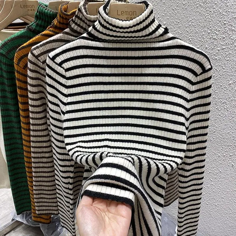 

Женский вязаный теплый свитер в полоску с высоким воротником, пуловер для осени и зимы, топы, корейская мода, Однотонная рубашка с длинным ру...