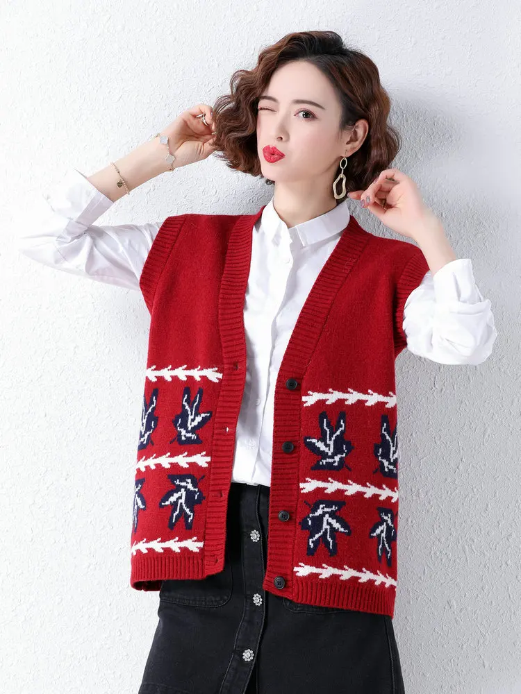 

England Style Women Red Navy Blue Camel Vest Single-Breasted V-Neck Sleeveless Cardigan Sweaters Woolen Knitting Waistcoat 2022