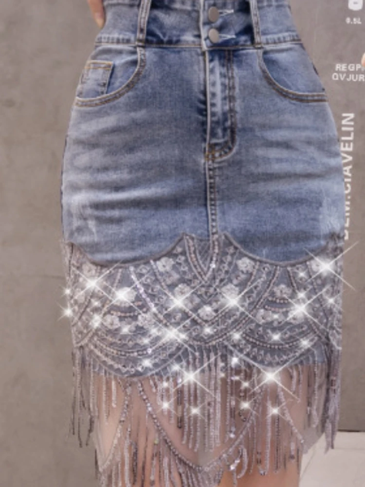 

Denim Skirt Women Korean Slim Mini Skirt 2022 High Waist Sequins Sexy Tassel Denim Buttocks Elegant Chic Lady Summer Skirts