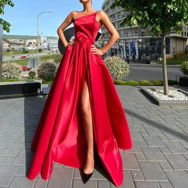 

S Amoi Womens One-shoulder Tube Top Dress Long Sexy Slit Large Swing