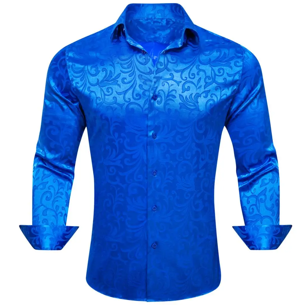 

Luxury Shirts for Men Silk Long Sleeve Royal Blue Floral Slim Fit Male Blouese Casual Tops Formal Streetwear Barry Wang